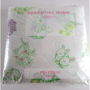 Round Easter Tablecloth NEW Vinyl Easy Clean White Bunny Flowers Spring 60"